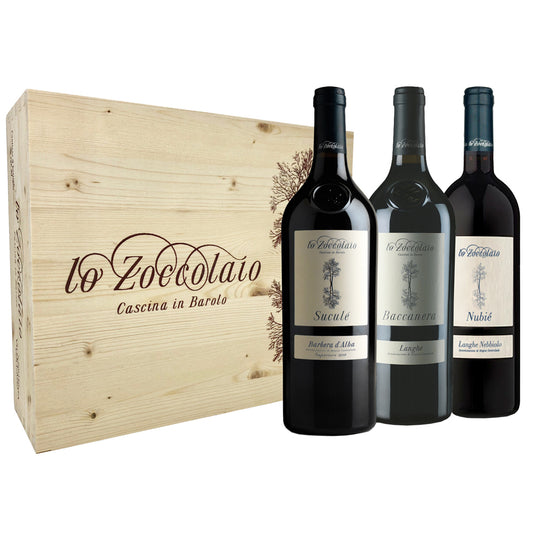 Langhe DOC “Baccanera” 2021 + Barbera d'Alba DOC "Suculé" 2021 + Nebbiolo D'Alba DOC "Nubiè" 2023 - Lo Zoccolaio (cassettta di legno 3 bottiglie)